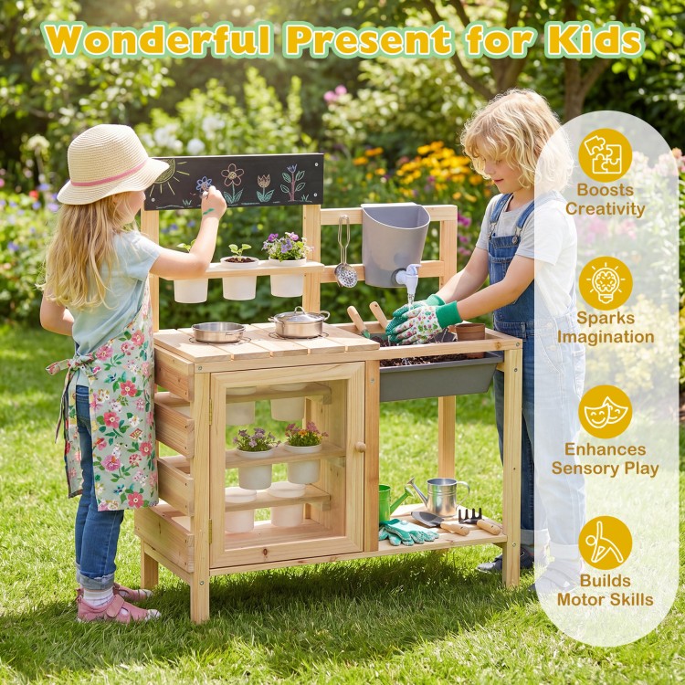 Mud kitchen playset with sink, plant cups, and stainless steel kitchenware for outdoor creative play.