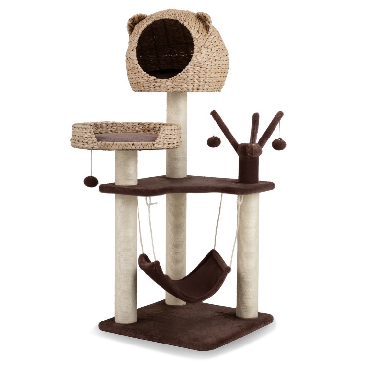 Multi-level cat tree in brown with condo, hammock, and hanging balls for climbing, lounging, and scratching fun.