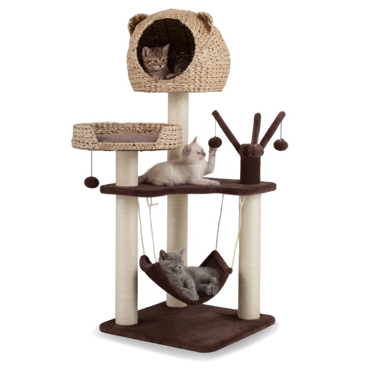 Multi-level cat tree in brown with condo, hammock, and hanging balls, perfect for climbing and lounging.