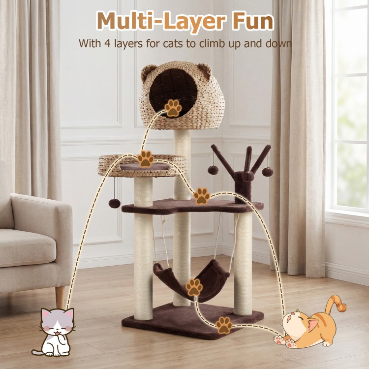 Multi-level cat tree in brown featuring sturdy sisal scratching posts and a cozy top condo for climbing and relaxing.