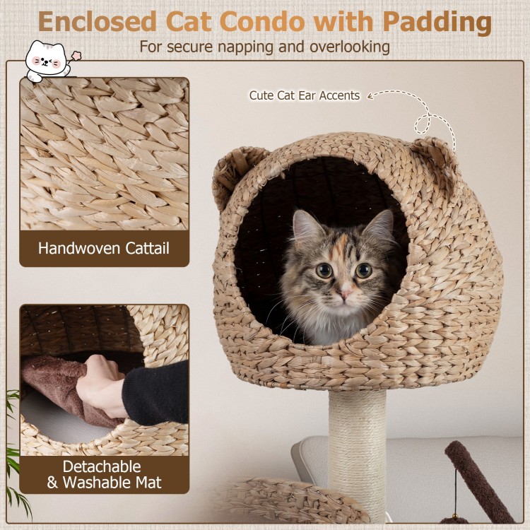 Handwoven cattail cat condo with cute ear accents, plush cushion, and detachable mat for cozy napping.