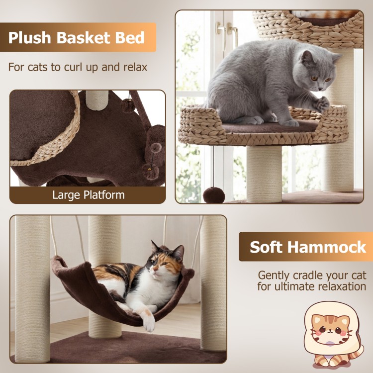 Multi-level cat tree featuring a plush basket bed and soft hammock for ultimate relaxation and climbing fun.