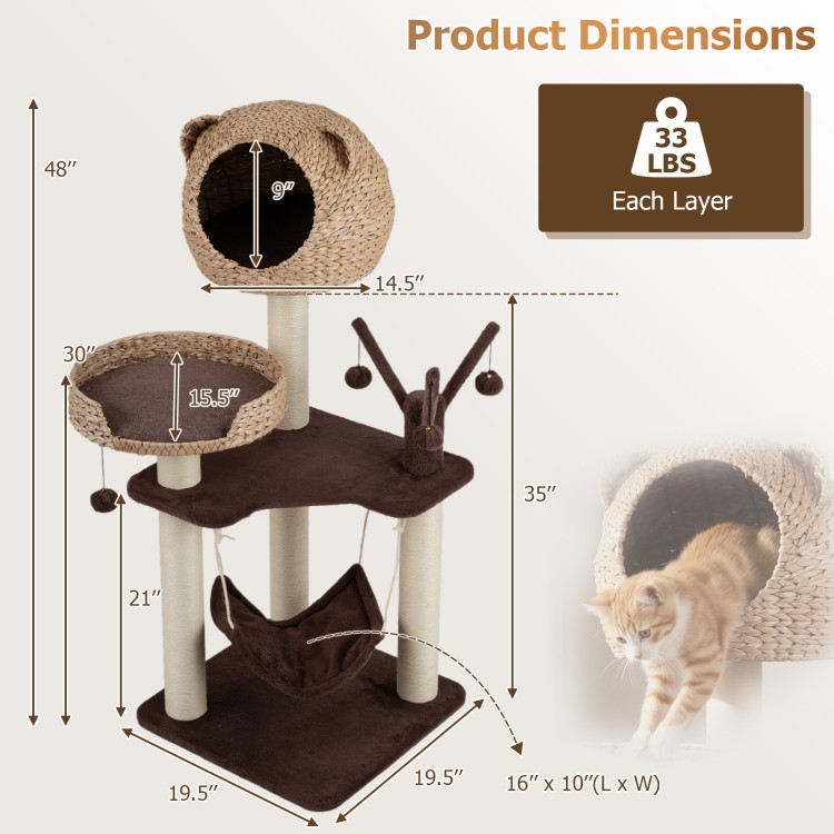 Multi-level cat tree with dimensions displayed, featuring a cozy cat condo and plush hammock for climbing and lounging.
