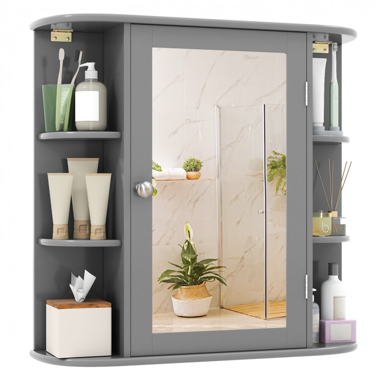 Gray wall-mounted bathroom storage cabinet with mirror and six open shelves for versatile organization and easy access.