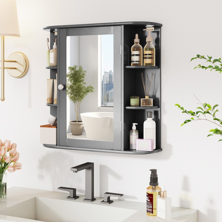 Side view of the gray wall-mounted bathroom storage cabinet with mirror, showcasing adjustable shelves for customized.