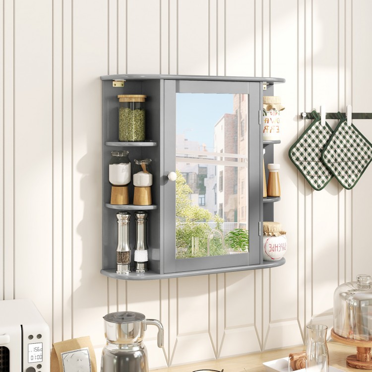 Gray wall-mounted bathroom storage cabinet featuring a mirror and six open shelves, perfect for maximizing small spaces.