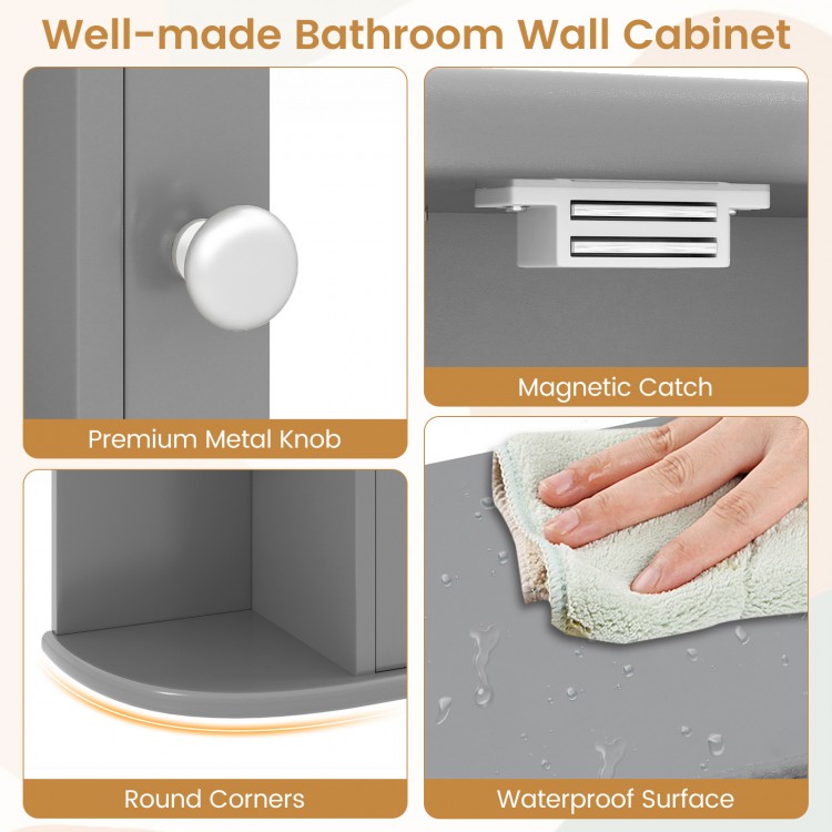 Close-up of the multipurpose gray bathroom cabinet with a mirrored door, featuring adjustable shelves and waterproof.