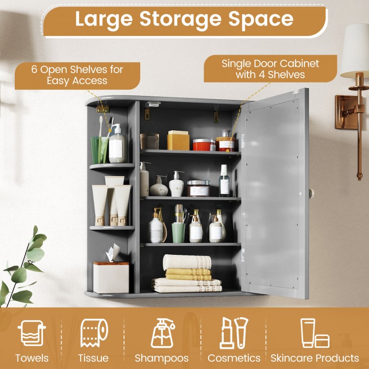 Multipurpose wall-mounted bathroom storage cabinet with mirror, featuring six open shelves for ample storage space.