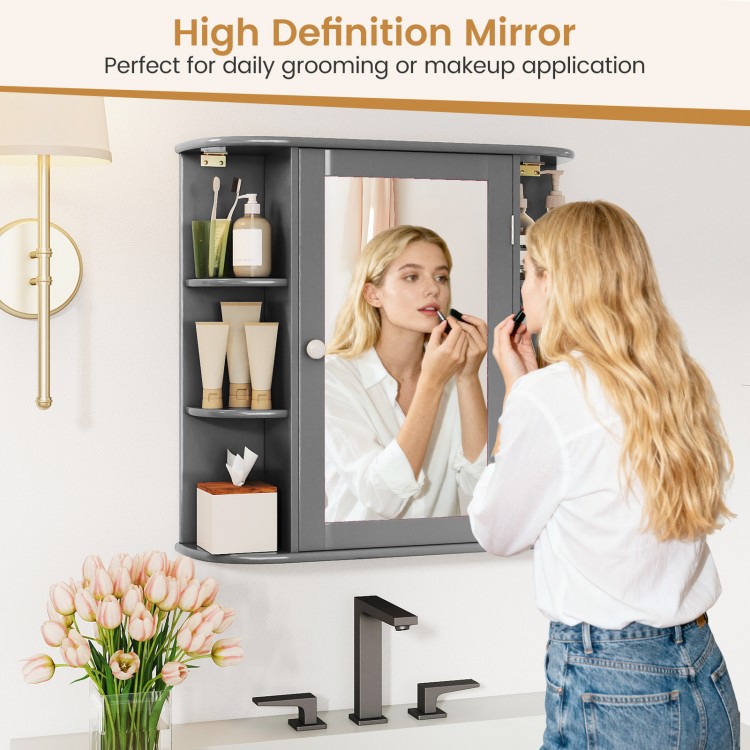 Multipurpose gray bathroom storage cabinet with a high-definition mirror and six open shelves for convenient grooming.