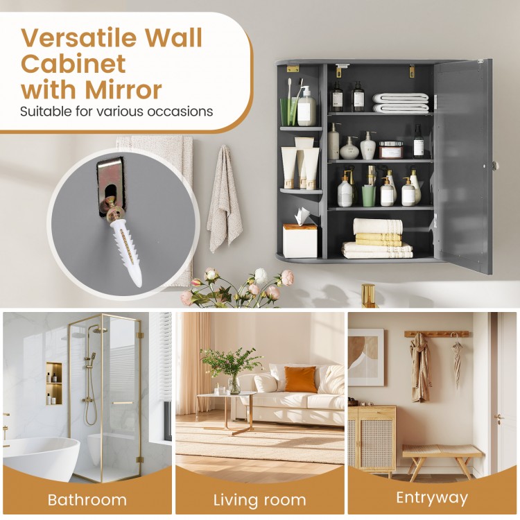 Gray wall-mounted cabinet with mirror and six open shelves, ideal for bathroom or entryway storage.