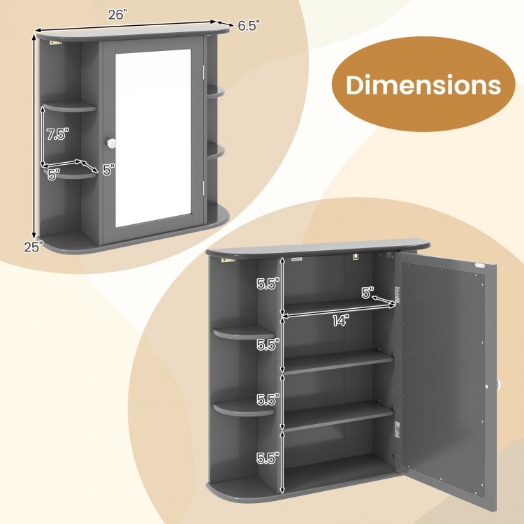 Dimensions of the gray multipurpose wall-mounted bathroom storage cabinet with mirror and adjustable shelves.