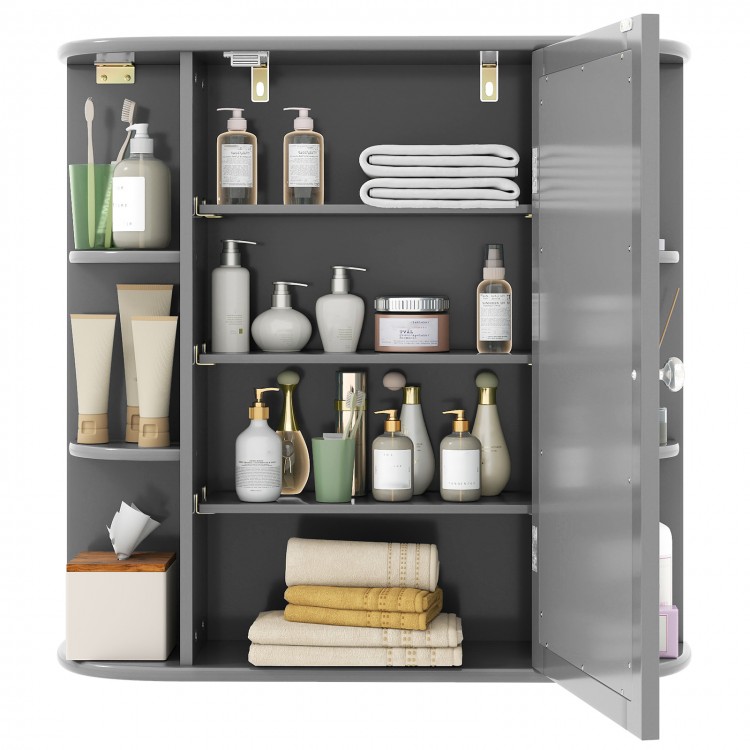 Gray multipurpose wall-mounted bathroom storage cabinet with mirror, featuring six open shelves for ample storage.