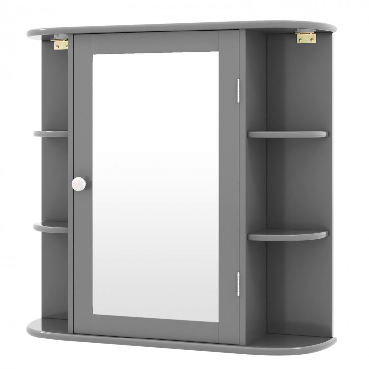 Gray multipurpose wall-mounted bathroom storage cabinet with mirror and six open shelves for versatile organization.