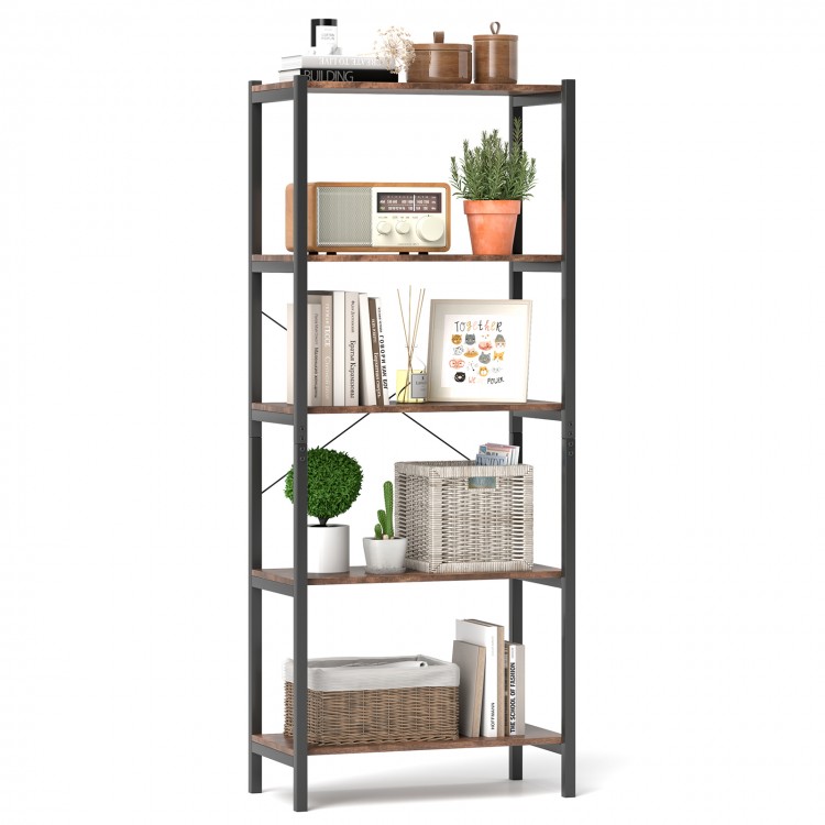 Multipurpose open bookcase with brown shelves and black frame, ideal for storage and enhancing room decor.