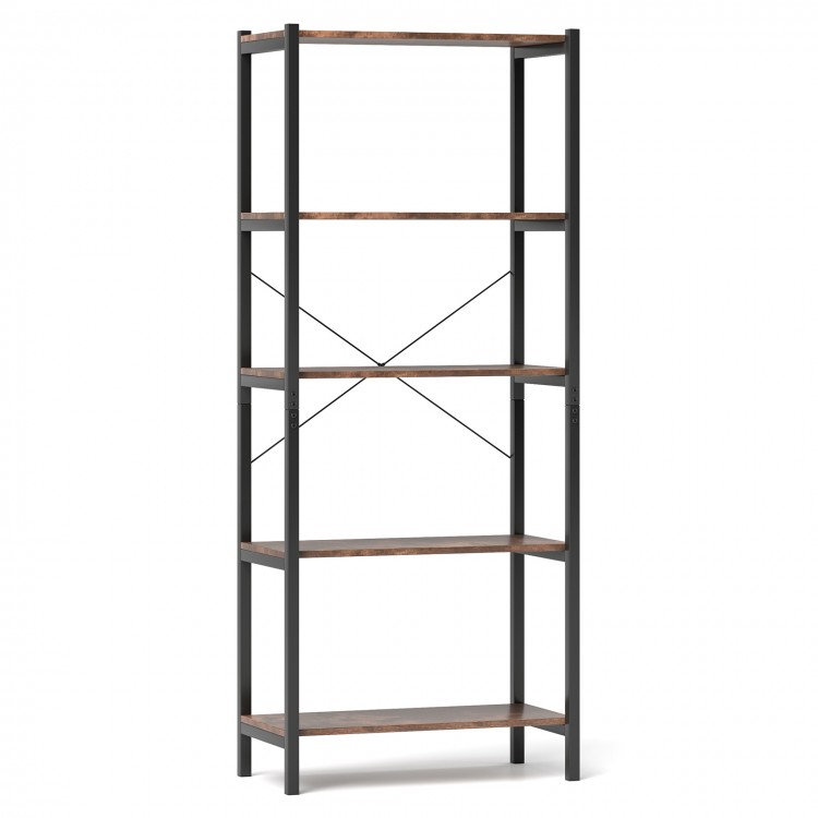 Multipurpose open bookcase with brown shelves and black frame, featuring an X-shaped back design for enhanced stability.