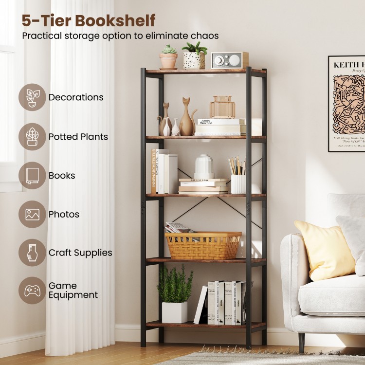 5-tier brown bookshelf with open design, ideal for storing books, plants, and decorations in any room.