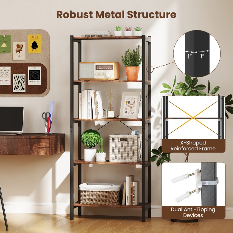 Multipurpose open bookcase with brown shelves and robust metal structure, ideal for organizing and enhancing any room.