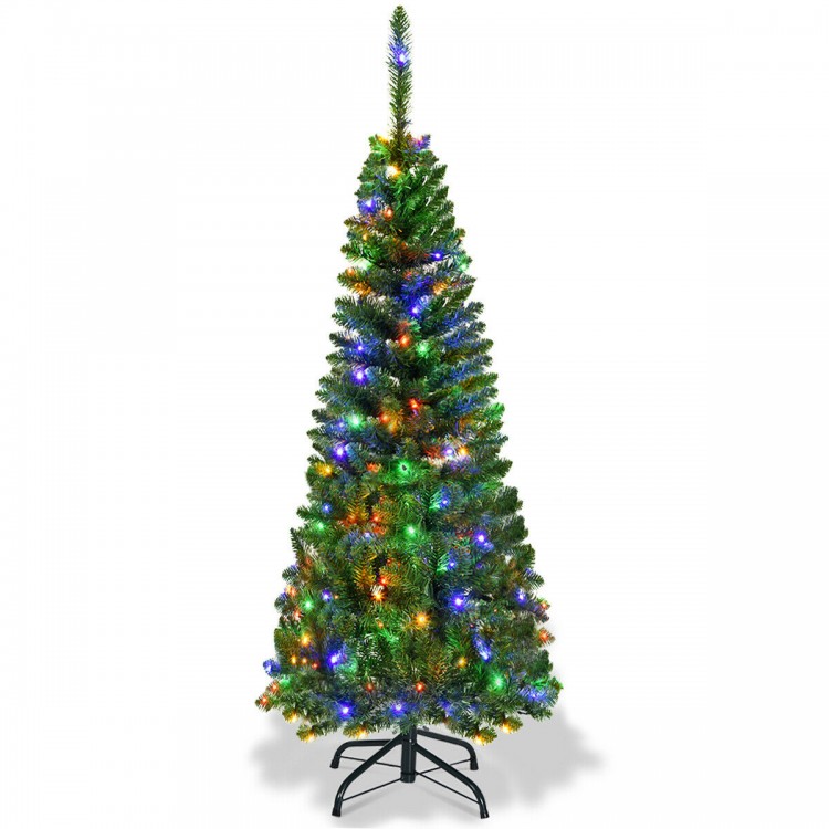 4.5 ft pre-lit pencil Christmas tree with 150 LED lights and 226 branch tips, perfect for narrow spaces and festive.
