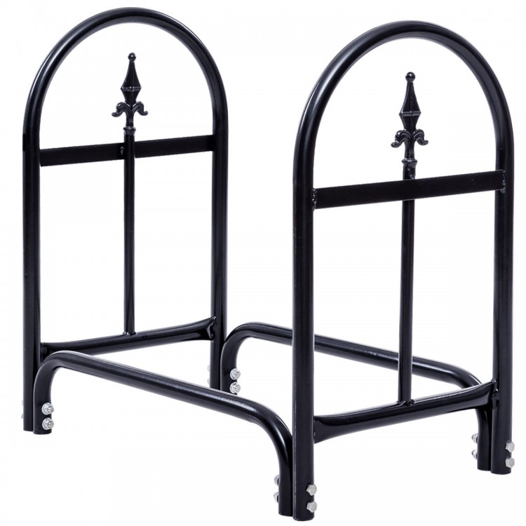 Heavy-duty black steel firewood storage holder with open design for ventilation, ideal for outdoor use on porch or deck.