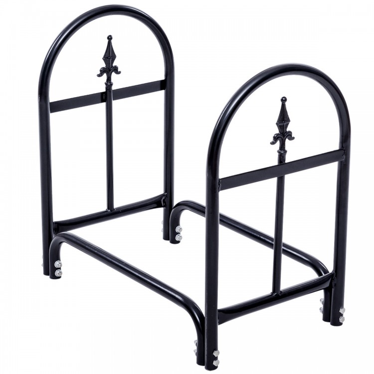 Heavy duty steel firewood storage holder with black powder-coated finish for outdoor use, providing excellent.