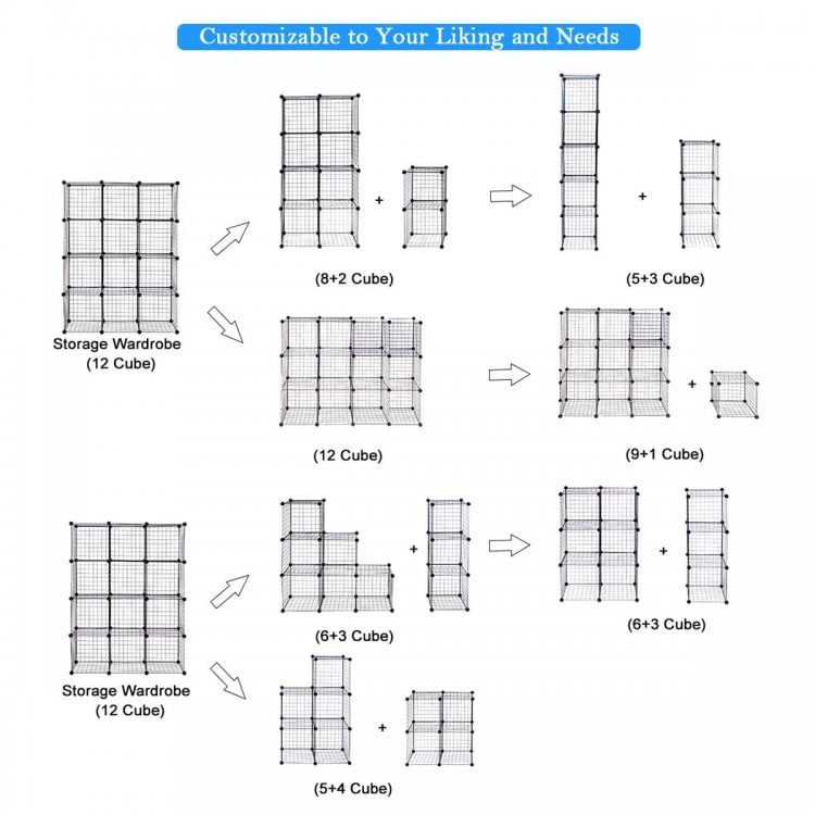 DIY 12-cube metal grid wire storage cubes in various configurations for customizable organization and display.