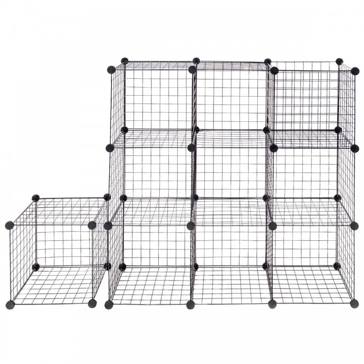 DIY 12-cube metal grid wire storage cubes in black, showcasing open wire design for air circulation and easy assembly.