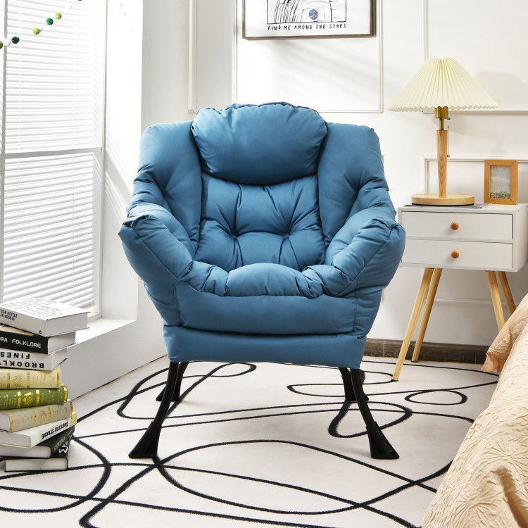 Thickly upholstered navy lazy chair with steel frame, ergonomic design, ideal for reading and gaming in any decor.