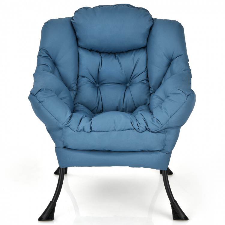 Navy blue modern lazy chair with thick upholstery, steel frame, and side pocket, ideal for gaming and relaxation.