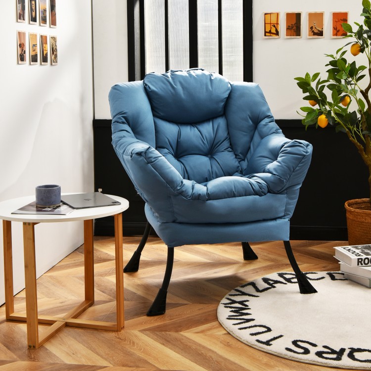 Thickly upholstered navy lazy chair with steel frame, ergonomic design, perfect for reading or gaming in modern decor.