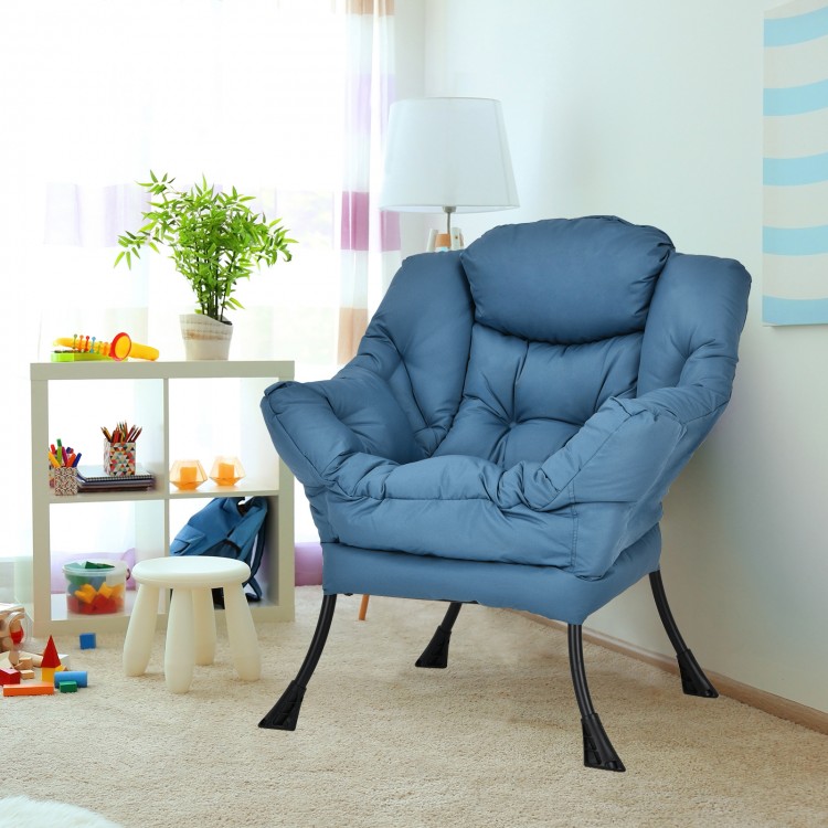 Thickly upholstered navy lazy chair with steel frame, ergonomic design, ideal for reading and gaming in modern spaces.