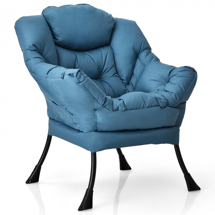 Navy blue polyester fabric lazy chair with thick upholstery and steel frame, perfect for reading or gaming.
