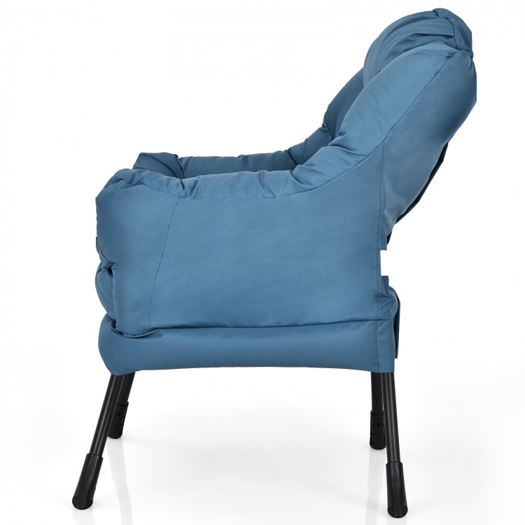Side view of the navy Modern Polyester Fabric Lazy Chair with a steel frame, featuring a curved armrest and side pocket.