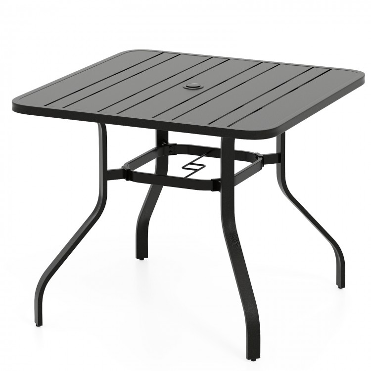 37-inch square patio dining table with slatted design, sturdy metal frame, and umbrella hole for outdoor gatherings.