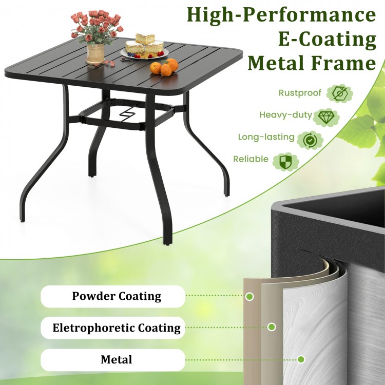 37-inch square patio dining table with a metal frame, umbrella hole, and slatted design, ideal for outdoor gatherings.