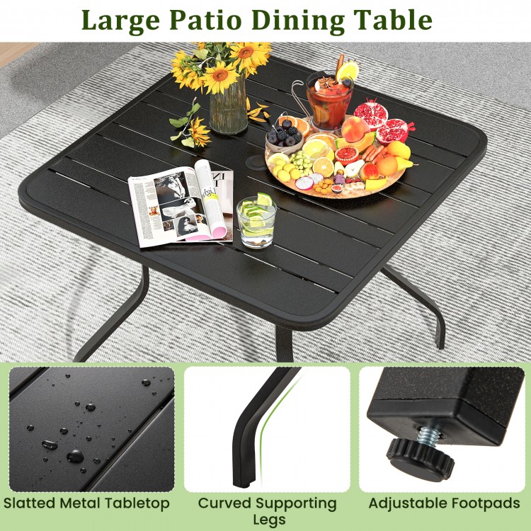 37-inch square patio dining table with slatted metal tabletop, umbrella hole, and curved legs, perfect for outdoor.