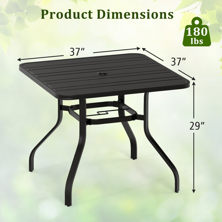 37-inch square patio dining table with umbrella hole, sturdy metal frame, seats 4, ideal for outdoor gatherings.