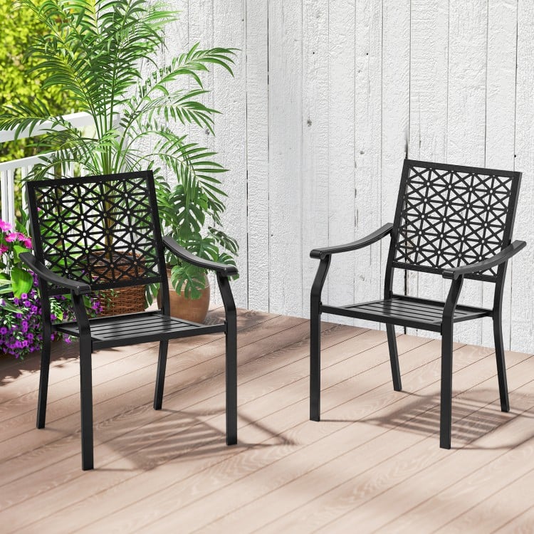 Set of 2 patio dining chairs with curved armrests, reinforced steel frame, and stackable design for outdoor or indoor.