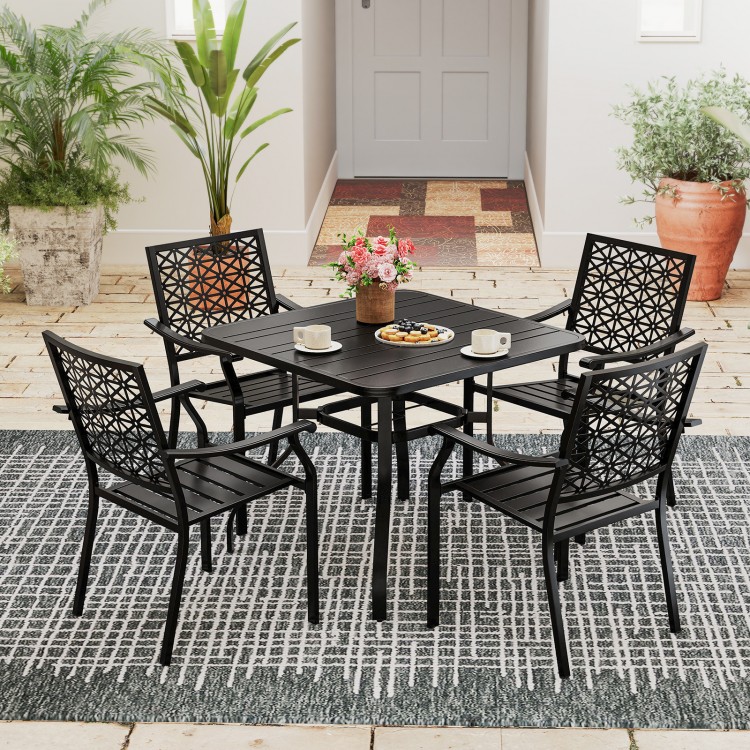 Set of 2 patio dining chairs with curved armrests and reinforced steel frame, perfect for outdoor or indoor use.