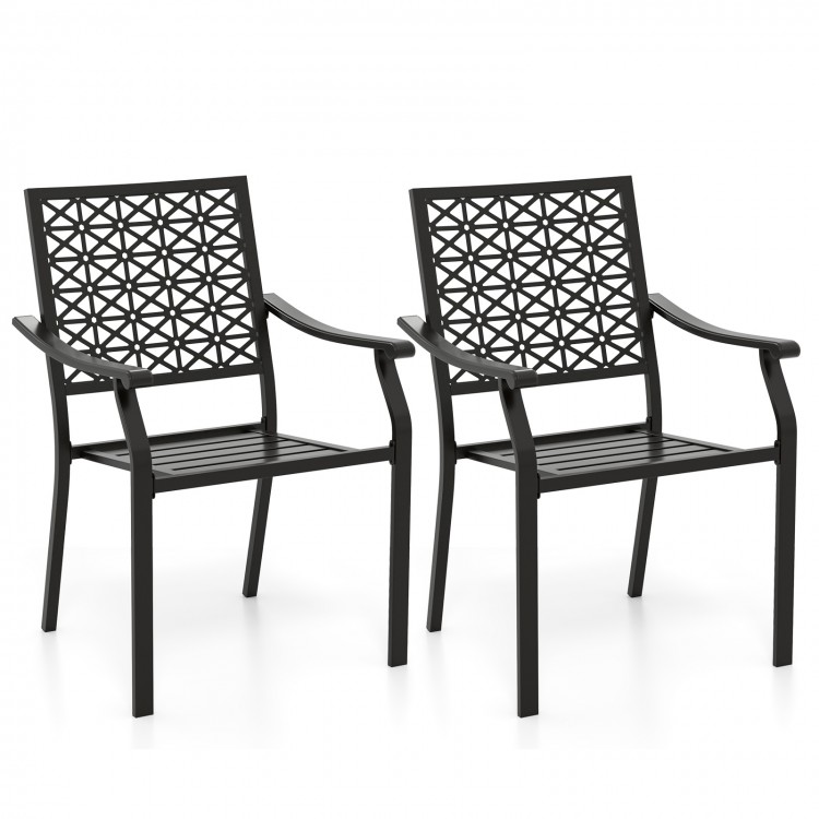 Set of 2 patio dining chairs with curved armrests, reinforced steel frame, and stackable design for space-saving.