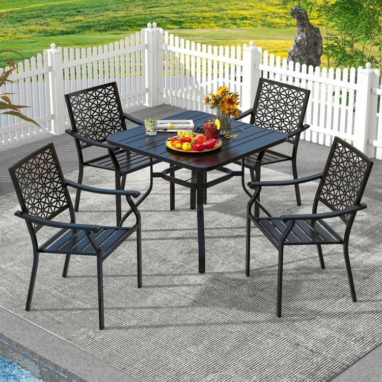 Set of 2 patio dining chairs with curved armrests, steel frame, and stackable design for outdoor or indoor use.