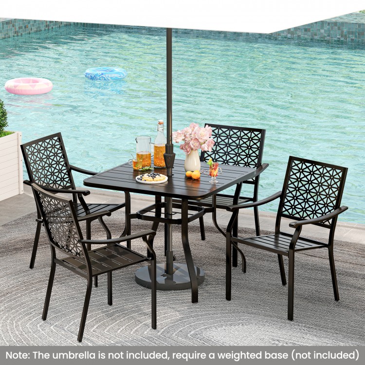 Set of 2 patio dining chairs with curved armrests, steel frame, and stackable design, ideal for poolside or backyard.