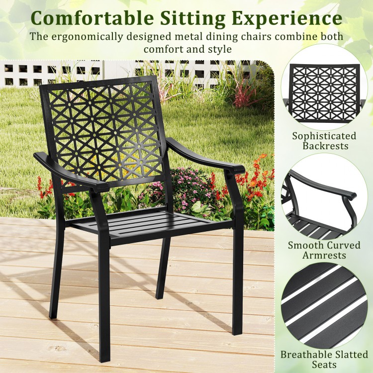 Patio dining chair with high backrest and curved armrests, featuring a reinforced steel frame for comfort and.
