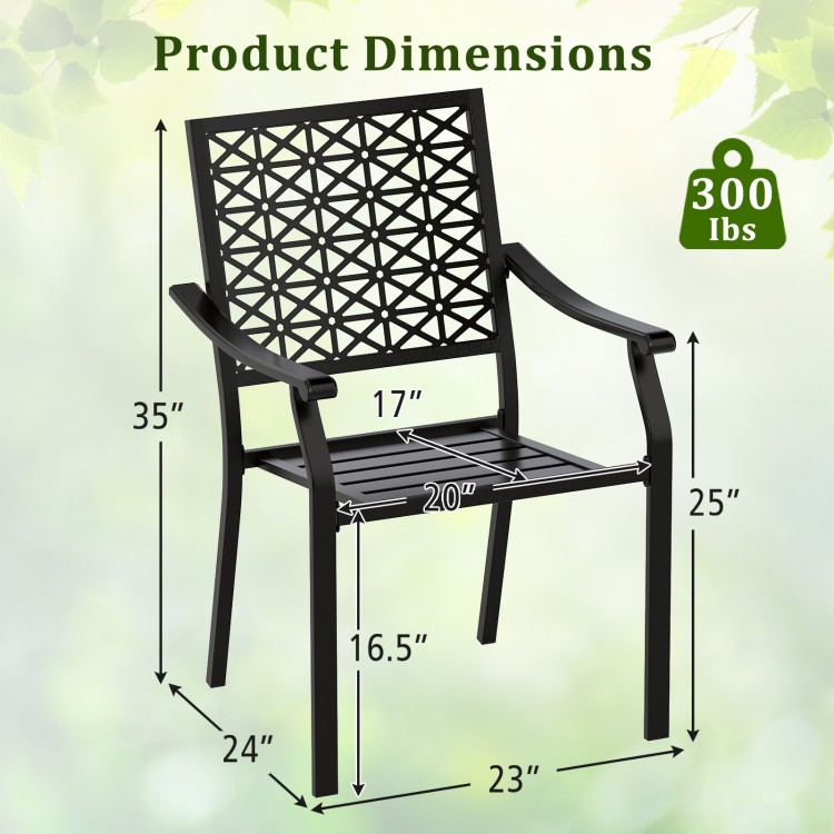 Patio dining chair dimensions with curved armrests, reinforced steel frame, and 300 lbs capacity for versatile use.