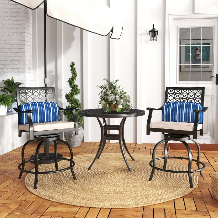 Set of 2 outdoor bar height swivel chairs with soft cushions, sturdy steel frame, ideal for patio relaxation.