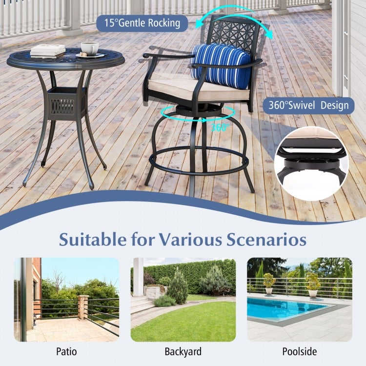 Set of 2 outdoor bar height chairs with soft cushions, 360° swivel design, perfect for patio or poolside relaxation.