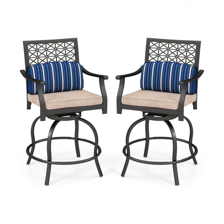 Set of 2 outdoor bar height swivel chairs with soft cushions, sturdy steel frame, suitable for indoor and outdoor use.