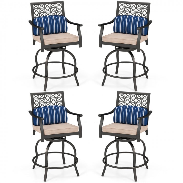 Set of 2 outdoor bar height chairs with soft cushions, featuring a sturdy steel frame and 360° swivel design for.