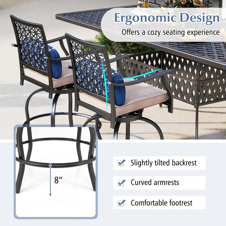 Set of 2 outdoor bar height chairs with soft cushions, featuring ergonomic design and 360° swivel for comfort.