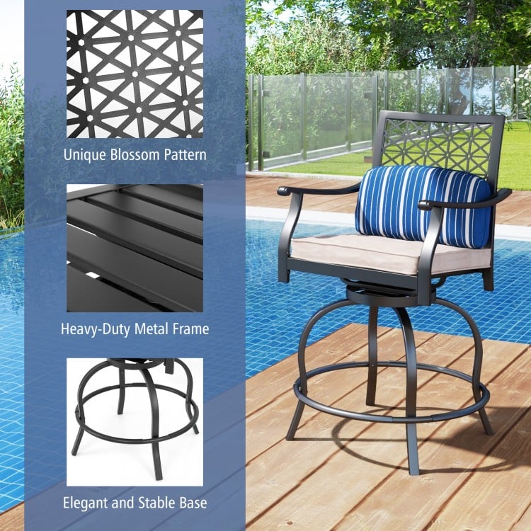 Outdoor bar height chair set featuring a unique blossom pattern, sturdy steel frame, and soft cushions for comfort.