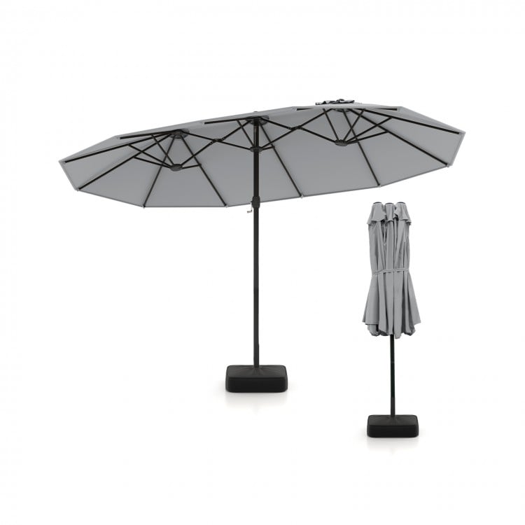 15ft double-sided patio umbrella in market-gray with crank and sturdy base, ideal for outdoor shading and stability.